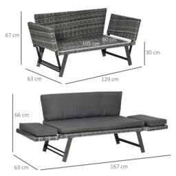 Rackhams 2 Seater Rattan Sofa with Cushions, 2-in-1 PE Rattan Daybed Sofa with Left Up or Down Armrests, Garden Chaise Lounger Loveseat, Mixed Grey - thumbnail 3