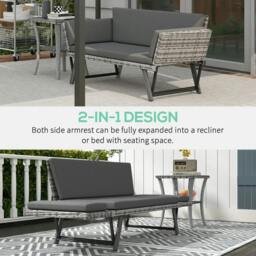 Rackhams 2 Seater Rattan Sofa with Cushions, 2-in-1 PE Rattan Daybed Sofa with Left Up or Down Armrests, Garden Chaise Lounger Loveseat, Mixed Grey - thumbnail 4