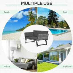 Rackhams 2 Seater Rattan Sofa with Cushions, 2-in-1 PE Rattan Daybed Sofa with Left Up or Down Armrests, Garden Chaise Lounger Loveseat, Mixed Grey - thumbnail 6