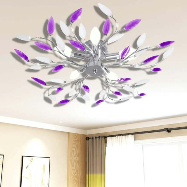 Rackhams Purple&White Ceiling Lamp Acrylic Crystal Leaf Arms for 5 E14 Bulbs