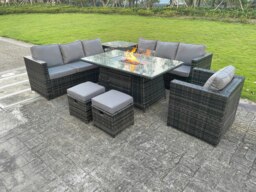 Rackhams Outdoor Rattan Garden Furniture Gas Fire Pit Dining Table Gas Heater Sets Lounge Chairs Small Footstools Dark Mixed Grey 9 Seater - thumbnail 3