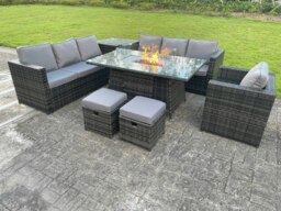 Rackhams Outdoor Rattan Garden Furniture Gas Fire Pit Dining Table Gas Heater Sets Lounge Chairs Small Footstools Dark Mixed Grey 9 Seater - thumbnail 1