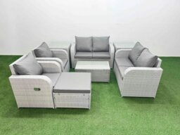 Rackhams 7 Seater Outdoor Reclining Chair Love Sofa Set Rattan Garden Furniture Set with Rectangular Coffee Table Footstool 2 Side Tables Light Grey - thumbnail 1