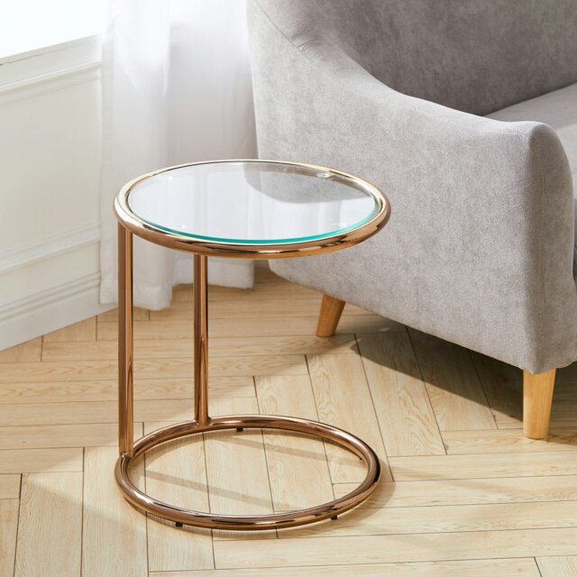 Rackhams Clear Tempered Glass Round Side Table with Metal Base - Rose Gold - One Size - image 1