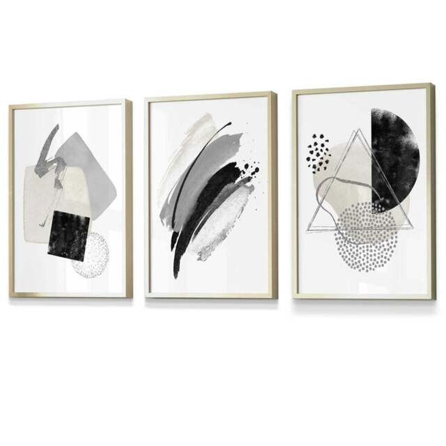 Rackhams Abstract Grey Black and Silver Set of 3 Framed Wall Art Prints - 30x42cm (A3) - Gold - image 1
