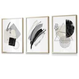 Rackhams Abstract Grey Black and Silver Set of 3 Framed Wall Art Prints - 30x42cm (A3) - Gold - thumbnail 1