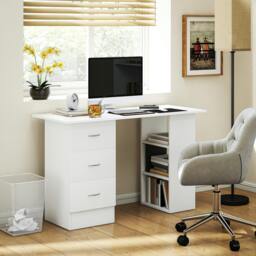 Rackhams 120cm Computer Desk Writing PC Table Workstation Laptop w/ 3 Shelf & Drawers - White - 49 - Particle board