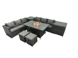 Rackhams Rattan Garden Furniture Fire Pit Dining Set 8 Seater Lounge Sofa Table Set with 2 Small Footstools - thumbnail 1
