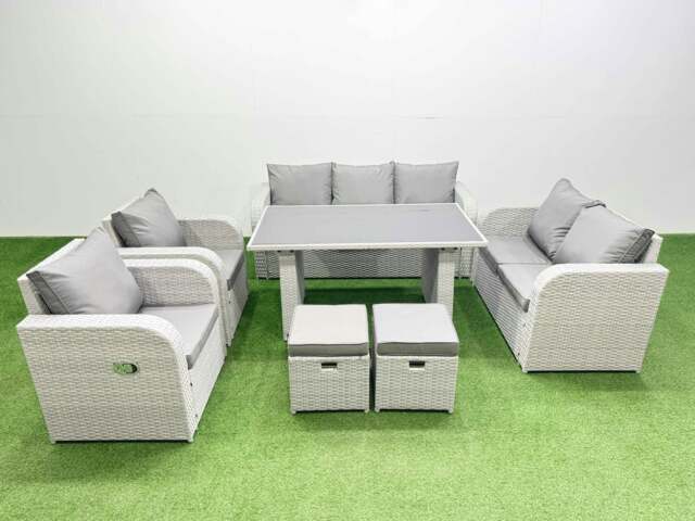 Rackhams 9 Seater Garden Furniture Set PE Rattan Garden Sofa Set with Rectangular Dining Table 2 Small Stools Light Grey - image 1