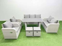 Rackhams 9 Seater Garden Furniture Set PE Rattan Garden Sofa Set with Rectangular Dining Table 2 Small Stools Light Grey - thumbnail 1