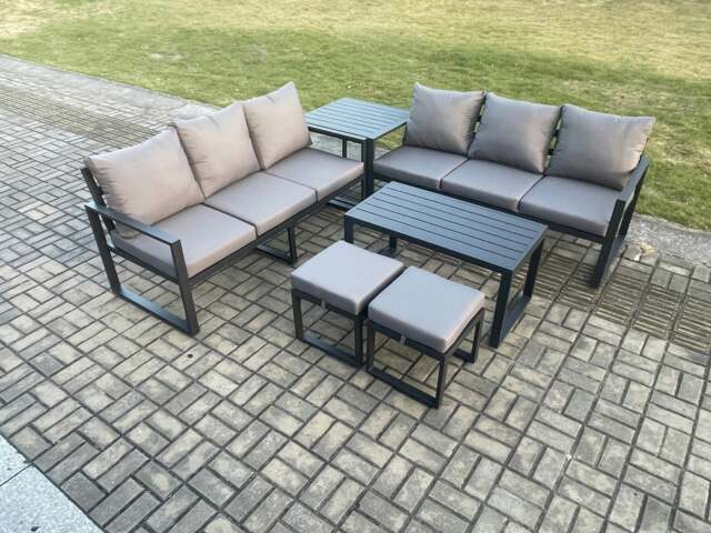 Rackhams Aluminium Patio Outdoor Garden Furniture Lounge Sofa Set with Oblong Coffee Table 2 Small Footstools Side Table Dark Grey - image 1