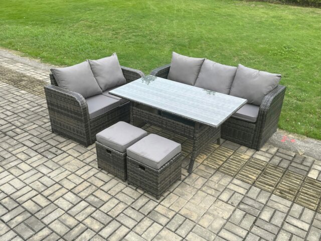 Rackhams Outdoor Garden Patio Furniture Wicker Rattan Oblong Rectangular Dining Table and Lounge Sofa set with 2 Small Footstools Dark Grey Mixed - image 1