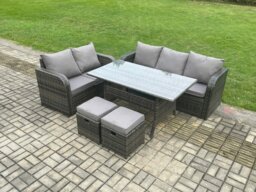Rackhams Outdoor Garden Patio Furniture Wicker Rattan Oblong Rectangular Dining Table and Lounge Sofa set with 2 Small Footstools Dark Grey Mixed - thumbnail 1