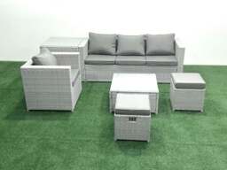 Rackhams Garden Outdoor Furniture Set 6 Seater Rattan Sofa Set with 2 Small Footstools Armchair Side Table Light Grey Mixed - thumbnail 2