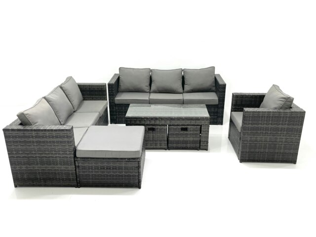 Rackhams Outdoor Garden Furniture Set 10 Seater Rattan Sofa Set with Coffee Table 3 Footstools Armchair Dark Grey Mixed - image 1