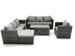 Rackhams Outdoor Garden Furniture Set 10 Seater Rattan Sofa Set with Coffee Table 3 Footstools Armchair Dark Grey Mixed - thumbnail 1