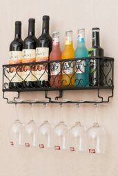 Rackhams 50cm Wall Mounted Wine Rack Iron Bottle Champagne Glass Holder Shelves Home Party Bar - Black