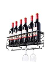 Rackhams 50cm Wall Mounted Wine Rack Iron Bottle Champagne Glass Holder Shelves Home Party Bar - Black - thumbnail 4