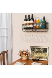 Rackhams 50cm Wall Mounted Wine Rack Iron Bottle Champagne Glass Holder Shelves Home Party Bar - Black - thumbnail 5