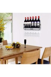 Rackhams 50cm Wall Mounted Wine Rack Iron Bottle Champagne Glass Holder Shelves Home Party Bar - Black - thumbnail 3