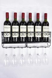 Rackhams 50cm Wall Mounted Wine Rack Iron Bottle Champagne Glass Holder Shelves Home Party Bar - Black - thumbnail 2