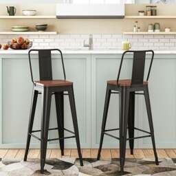 Rackhams Set of 2/4 Metal Wooden High Bar Stools for Kitchen - Elm Brown - Set of 2 - thumbnail 1