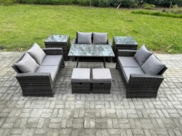 Rackhams Outdoor Lounge Sofa Set - Dark Grey Mixed Wicker Rattan Garden Furniture with Rectangular Dining Table & 2 Footstools - thumbnail 2