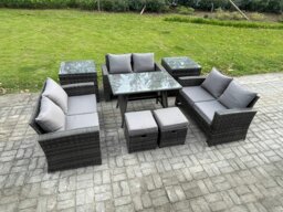 Rackhams Outdoor Lounge Sofa Set - Dark Grey Mixed Wicker Rattan Garden Furniture with Rectangular Dining Table & 2 Footstools - thumbnail 1