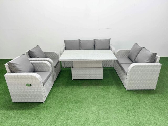Rackhams Light Grey PE Rattan Outdoor Lounge Set - Reclining Chair, Double Loveseat & Adjustable Lifting Dining/Coffee Table - image 1