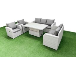 Rackhams Light Grey PE Rattan Outdoor Lounge Set - Reclining Chair, Double Loveseat & Adjustable Lifting Dining/Coffee Table - thumbnail 2
