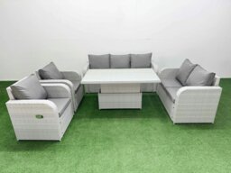Rackhams Light Grey PE Rattan Outdoor Lounge Set - Reclining Chair, Double Loveseat & Adjustable Lifting Dining/Coffee Table - thumbnail 1