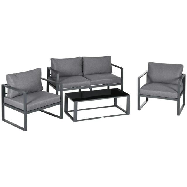 Rackhams 4 Pieces Garden Sofa Set 2 Single Armchair 1 Bench & Side Table Set Aluminium Frame Patio Furniture with Cushions Grey - image 1