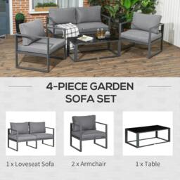 Rackhams 4 Pieces Garden Sofa Set 2 Single Armchair 1 Bench & Side Table Set Aluminium Frame Patio Furniture with Cushions Grey - thumbnail 4