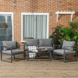 Rackhams 4 Pieces Garden Sofa Set 2 Single Armchair 1 Bench & Side Table Set Aluminium Frame Patio Furniture with Cushions Grey - thumbnail 2