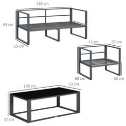 Rackhams 4 Pieces Garden Sofa Set 2 Single Armchair 1 Bench & Side Table Set Aluminium Frame Patio Furniture with Cushions Grey - thumbnail 3