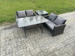 Rackhams Dark Grey PE Wicker Rattan Garden Furniture Set Love Sofa Outdoor Rectangular Dining Table Side Table - thumbnail 2