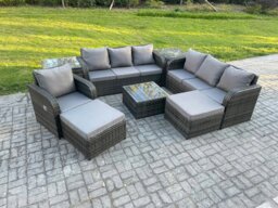 Rackhams 9 Seater Dark Grey Mixed Rattan Outdoor Sofa Set - Coffee Table, Reclining Chair, 2 Big Footstools & 2 Side Tables - thumbnail 2