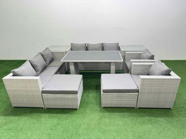Rackhams 10 Seater Wicker PE Rattan Furniture Outdoor Dining Table 3 Seater Sofa Armchair Set with 2 Side Tables 2 Big Stools Light Grey - image 1