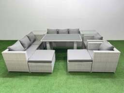 Rackhams 10 Seater Wicker PE Rattan Furniture Outdoor Dining Table 3 Seater Sofa Armchair Set with 2 Side Tables 2 Big Stools Light Grey - thumbnail 1