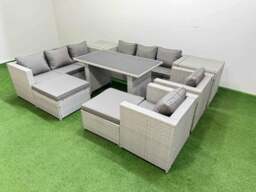 Rackhams 10 Seater Wicker PE Rattan Furniture Outdoor Dining Table 3 Seater Sofa Armchair Set with 2 Side Tables 2 Big Stools Light Grey - thumbnail 2