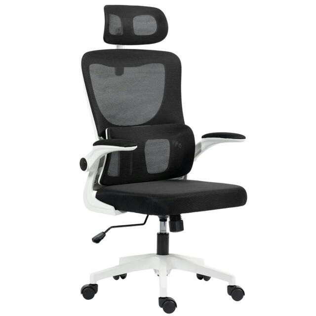 Rackhams Ergonomic Office Chair, High Back Mesh Computer Desk Chair with Adjustable Headrest and Lumbar Support, Rotatable Armrests, Tilt Function, Black