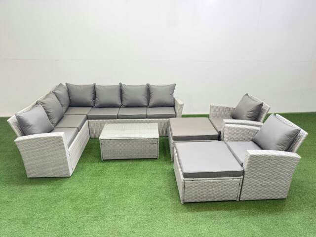 Rackhams 10 Seater Garden Outdoor PE Rattan Furniture Set Rattan Garden Sofa Set with 2 Big Footstools 2 Chair Light Grey Mixed - image 1