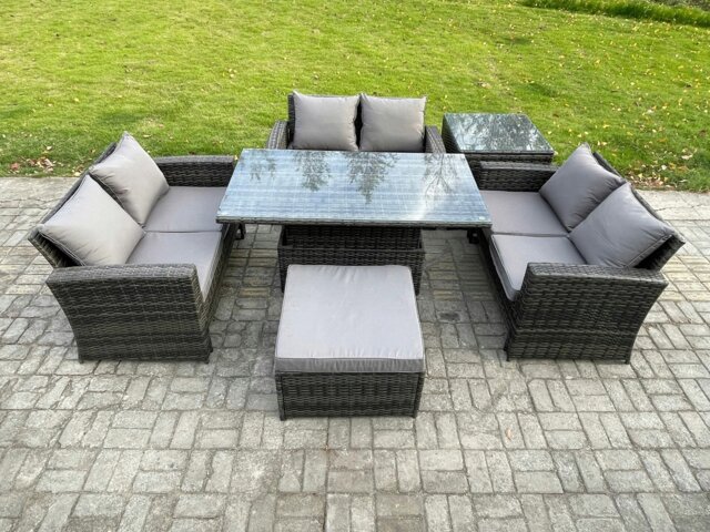Rackhams 7-Seater Rattan Garden Furniture Set - Patio Rising Lifting Table Sofa Set with Double Seat Sofa & Footstool - image 1