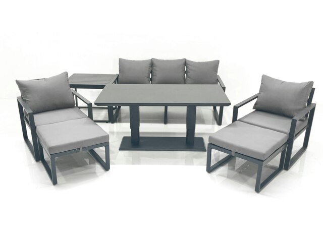 Rackhams Outdoor Aluminium Garden Furniture Set with Adjustable Rising Lifting Dining Table 3 Seater Sofa 2 Chair 2 Big Footstools Side Table Dark Grey - image 1