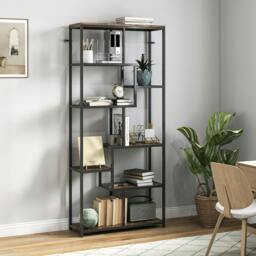 Rackhams Industrial Bookcase 7-Tier Bookshelf Shelving Unit Rustic Brown Black - Rustic Brown and Black