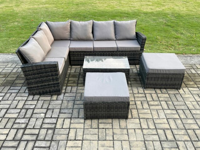 Rackhams 8 Seater High Back Outdoor Garden Furniture Set Rattan Corner Sofa Set With Rectangular Coffee Table 2 Big Footstool Dark Grey Mixed - image 1