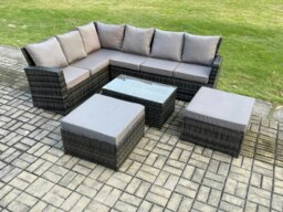Rackhams 8 Seater High Back Outdoor Garden Furniture Set Rattan Corner Sofa Set With Rectangular Coffee Table 2 Big Footstool Dark Grey Mixed - thumbnail 2