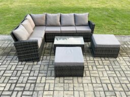Rackhams 8 Seater High Back Outdoor Garden Furniture Set Rattan Corner Sofa Set With Rectangular Coffee Table 2 Big Footstool Dark Grey Mixed - thumbnail 1