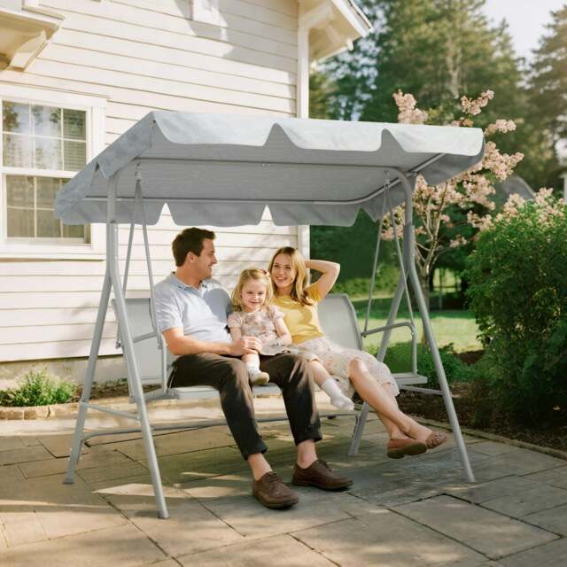 Rackhams Metal Swing Chair Garden Hammock 3 Seater Patio Bench w/ Canopy, Black - Light Grey - image 1
