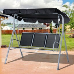 Rackhams Metal Swing Chair Garden Hammock 3 Seater Patio Bench w/ Canopy, Black - Light Grey - thumbnail 3